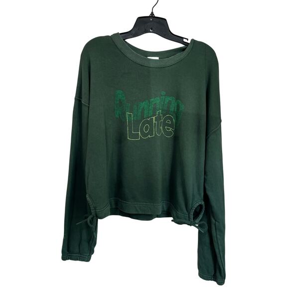 Aerie Running Late Green Graphic Sweatshirt Pullover Crew 100% Cotton Sz M - Picture 2 of 10